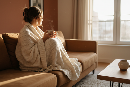 Vrouw ingepakt in een warme crème deken met een kop kruidenthee - zelfzorg bij PMDD
